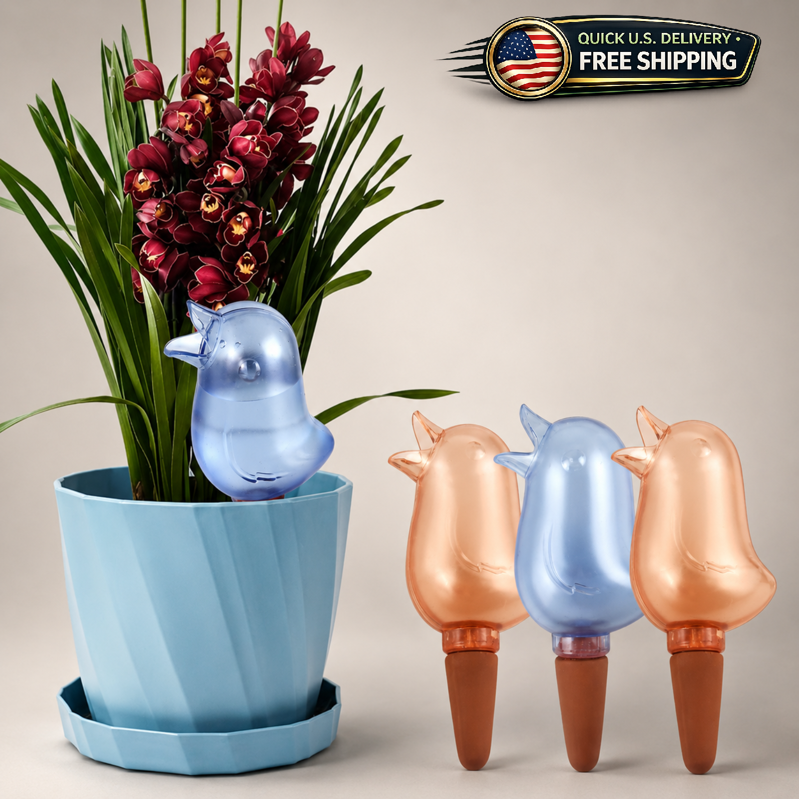 4 Pack Bird Self Watering Spikes 140mL Plant Watering Globes Red & Blue