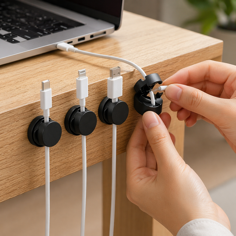 6PC Cord Organizer Holder 360° Rotatable Spring Cable Clip Strong Adhesive Cable