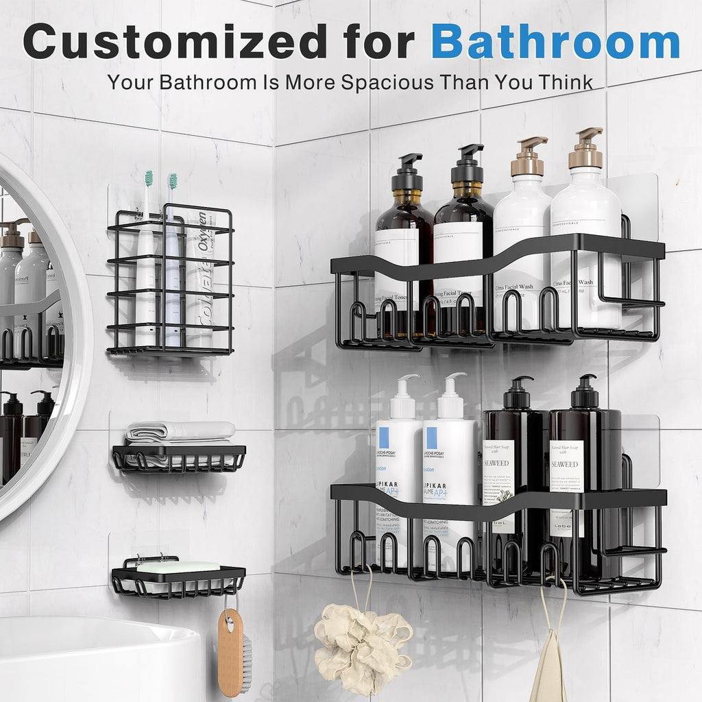 EUDELE 5 Pack Adhesive Shower Caddy Set Stainless Steel No Drill Black Bath