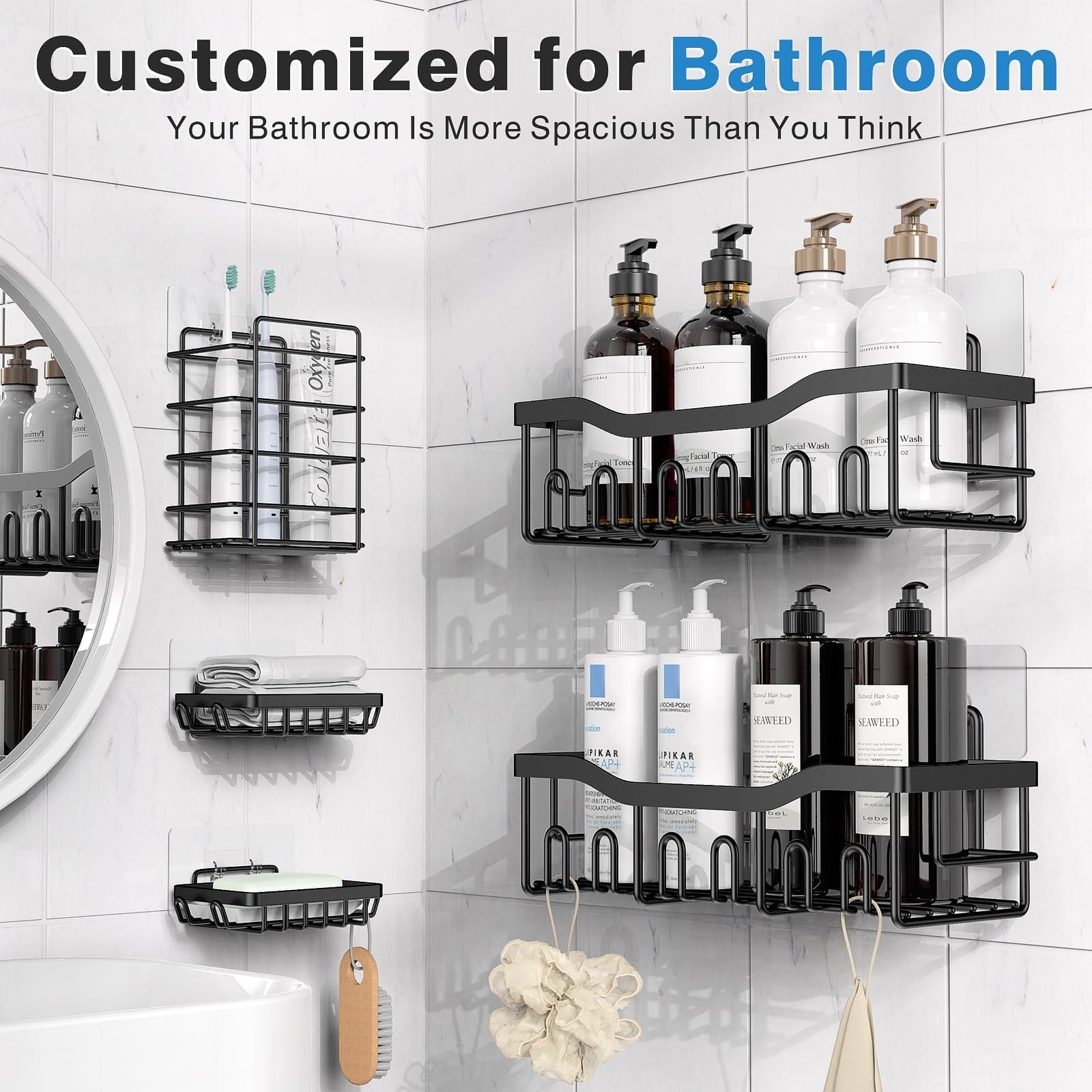 EUDELE 5 Pack Adhesive Shower Caddy Set Stainless Steel No Drill Black Bath