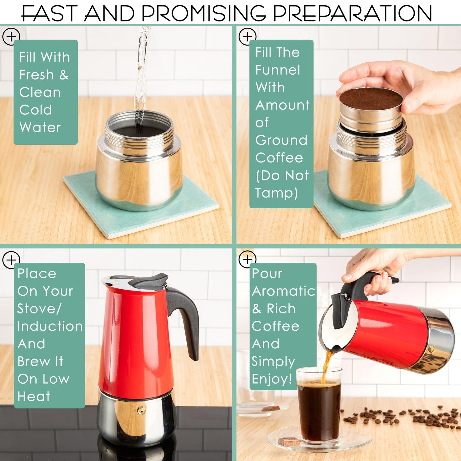 Mixpresso Red 9 Cup Greca Stovetop Espresso Pot 450Ml/15Oz, Moka Pot with Coffee