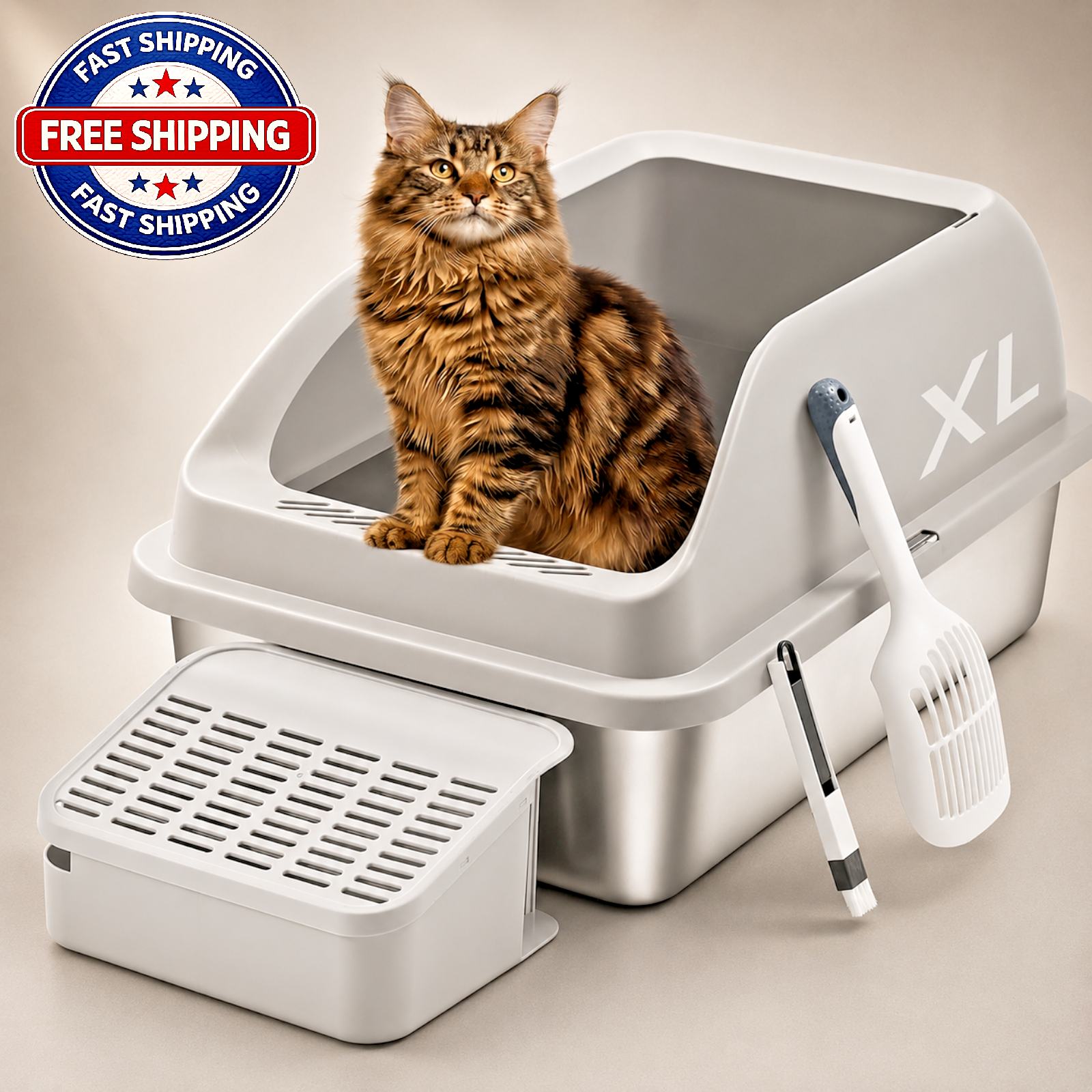 Feandrea Stainless Steel Cat Litter Box with Open Top, High Sided Litter Tray