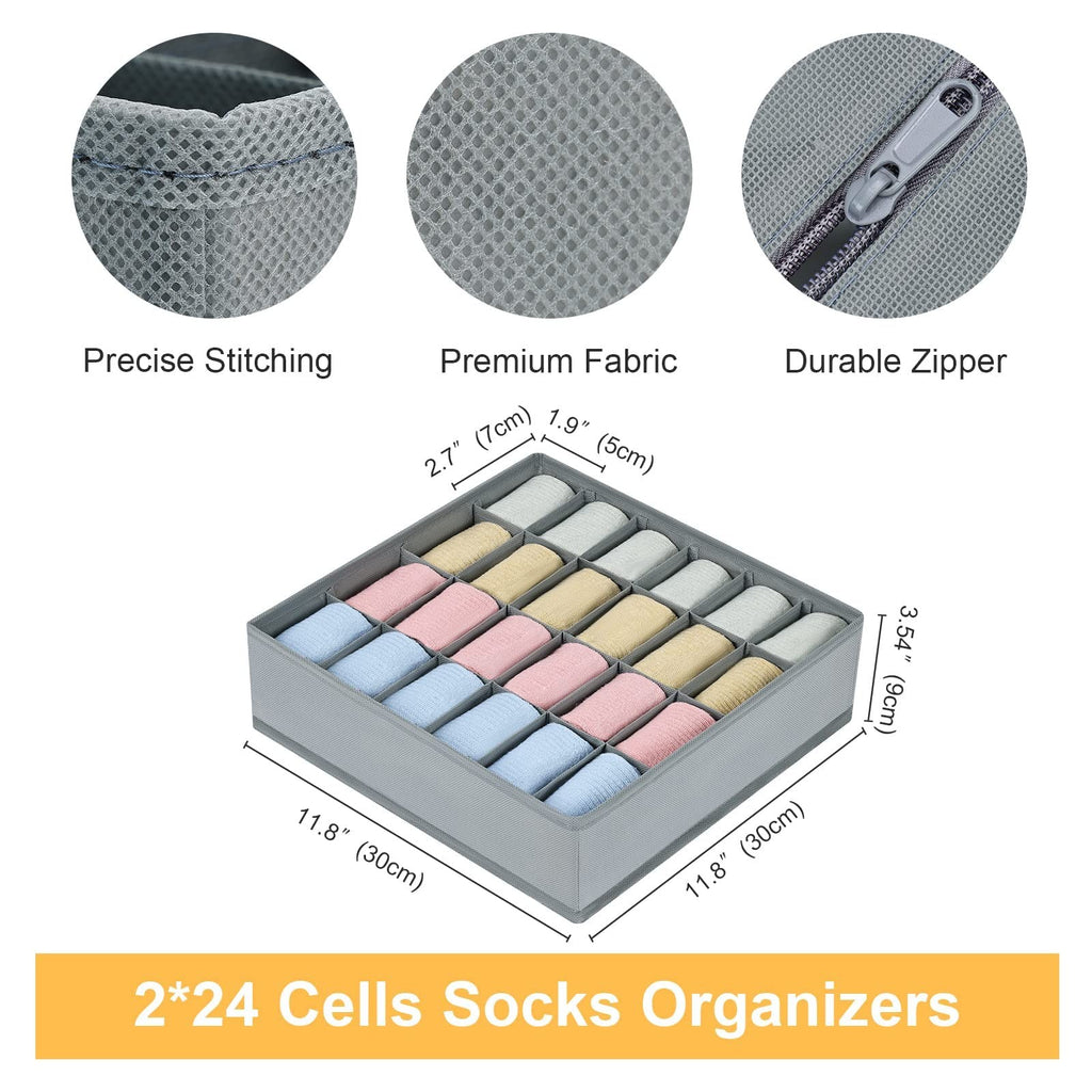 2 Pack Sock Drawer Organizer 24 Cells Each Underwear Closet Divider Gray