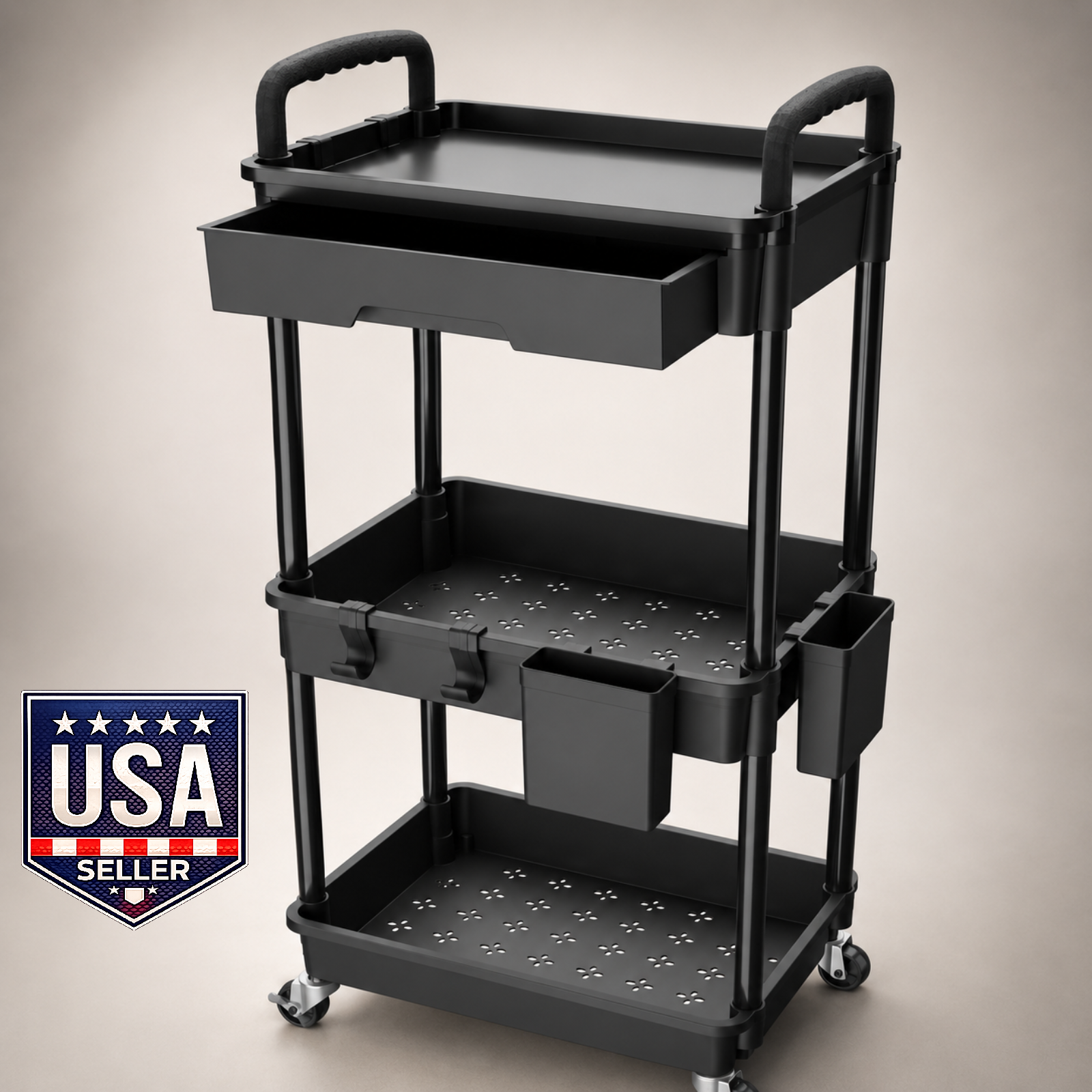 3 Tier Rolling Utility Cart with Drawer, Utility Cart Made for Multifunctional