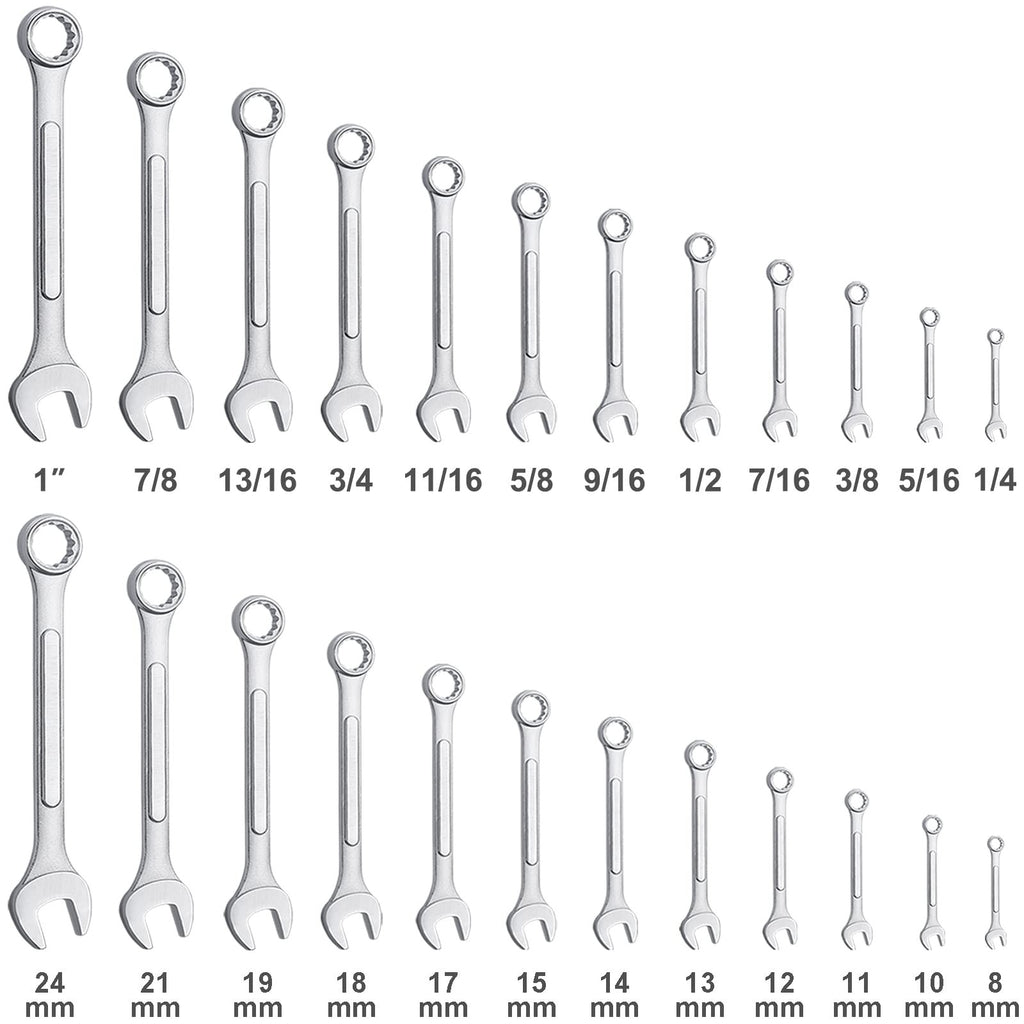 24-Pc SAE & Metric Combination Wrench Set 1/4"-1" & 8-24mm w/ Roll-Up Pouch CR-V