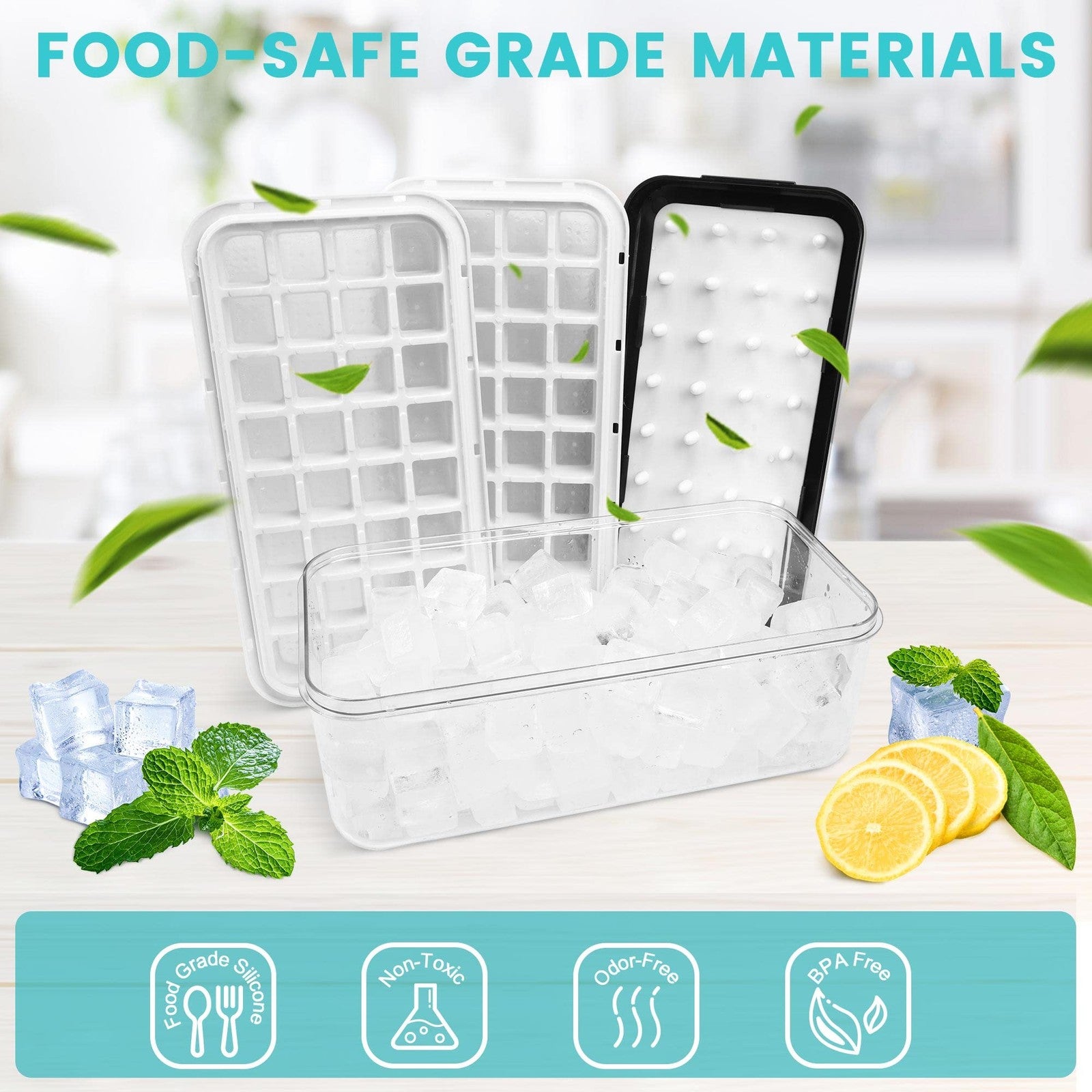 Ice Trays for Freezer with Lid & Bin, Ice Cube Tray Making 64 pcs Ice Cubes.