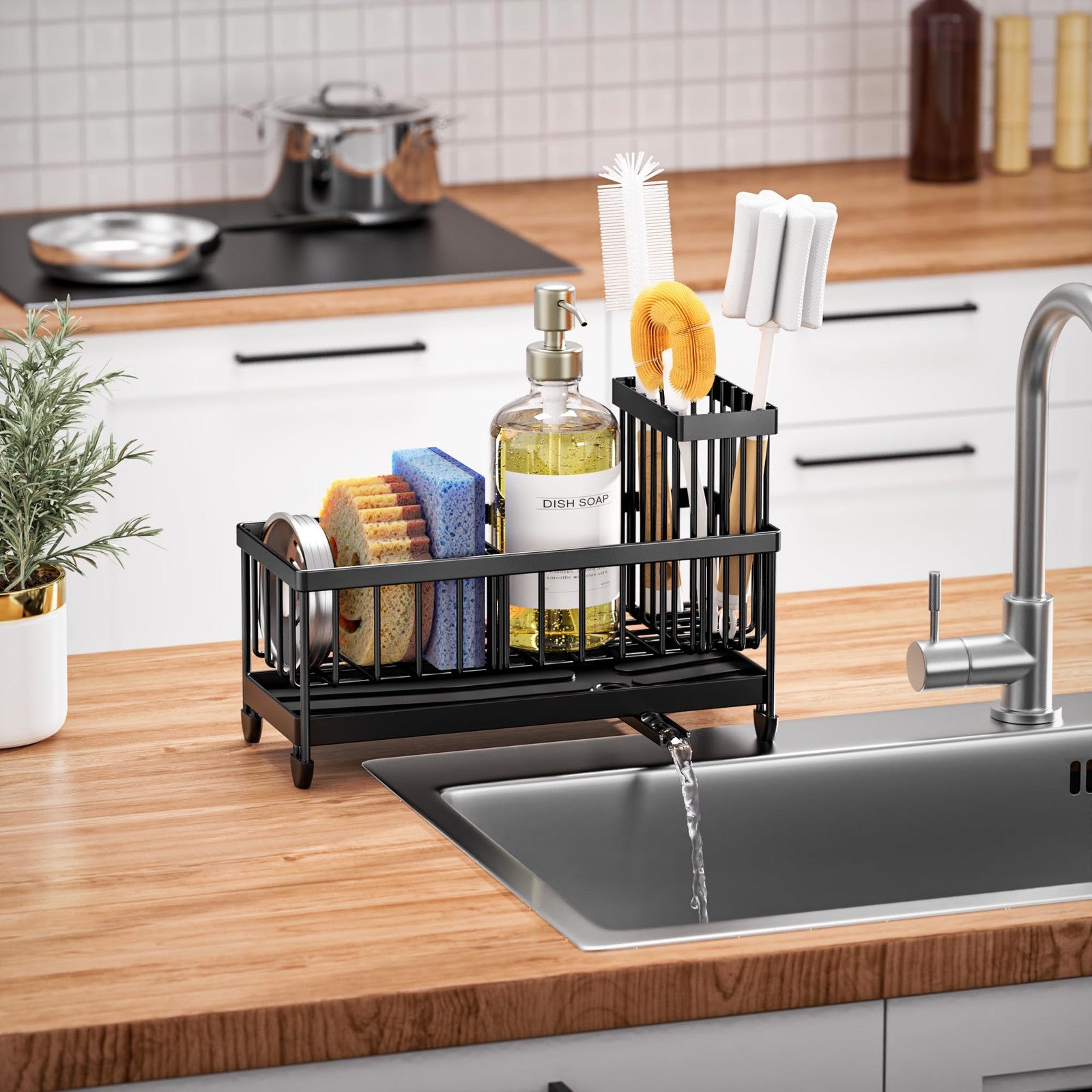 Sponge Holder for Kitchen Sink Caddy Organizer with High Brush Holder Kitchen