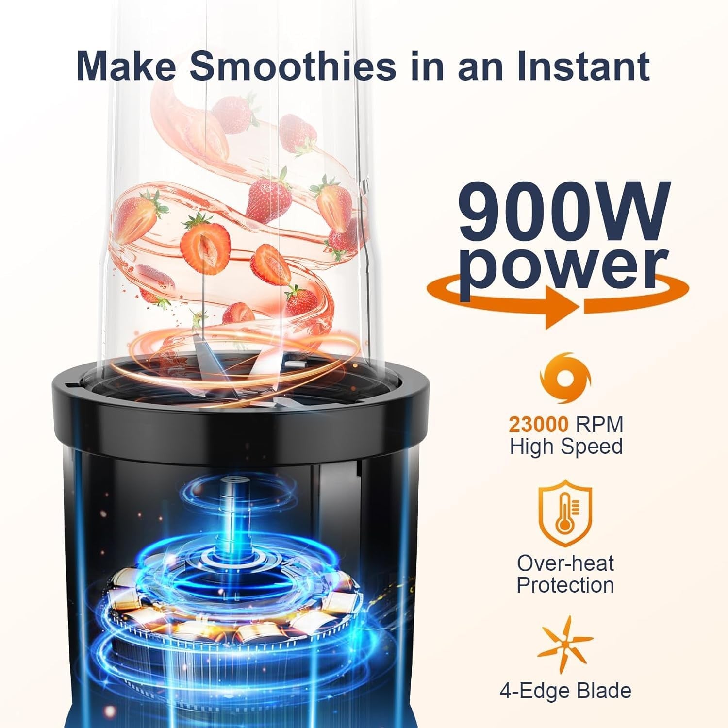 900W Personal Smoothie Blender with 2x22oz Cups Portable Shake Mixer