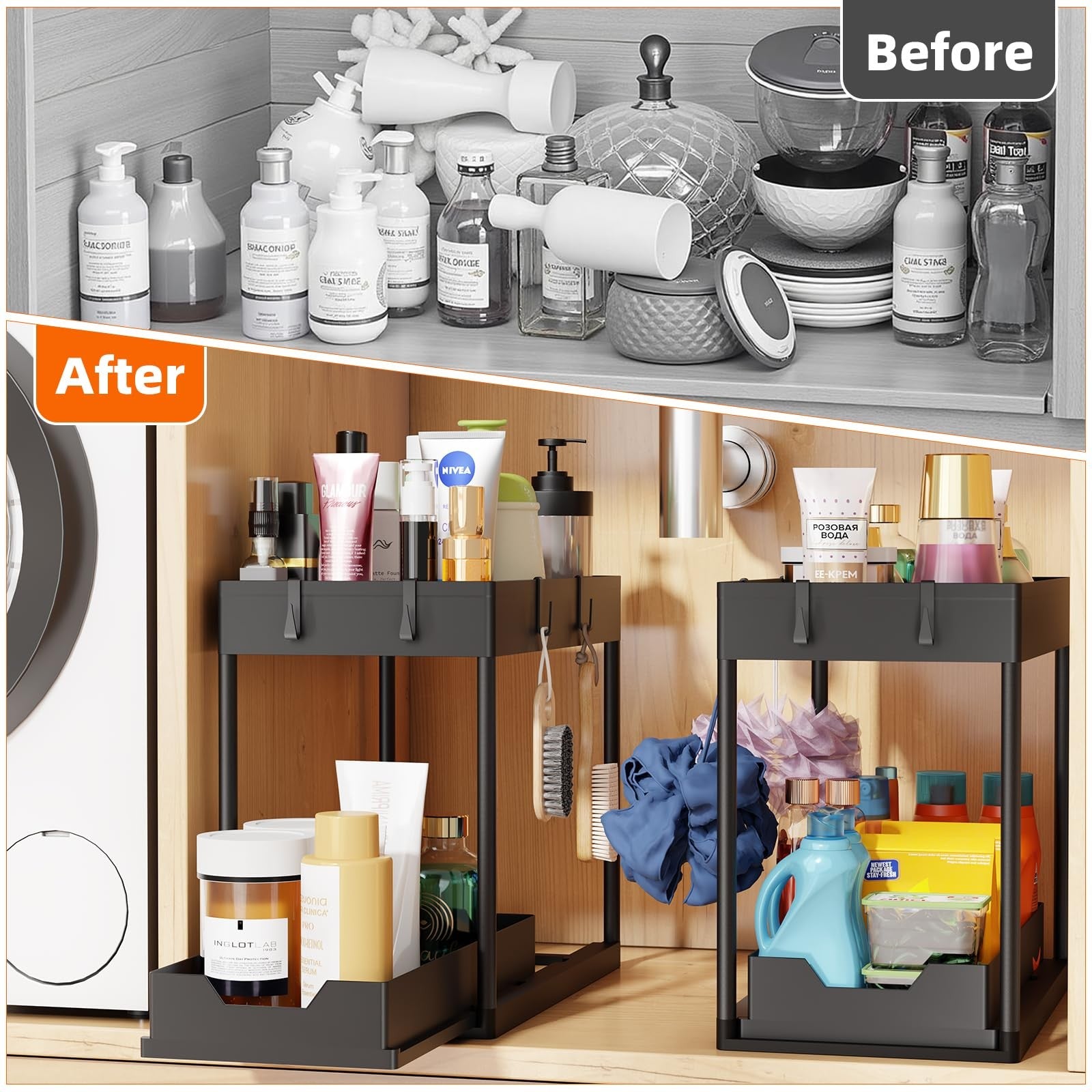 2 Pack Under Sink Organizer Pull Out Cabinet Storage 2 Tier