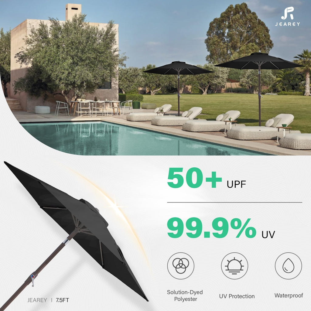 JEAREY 7.5 FT Patio Umbrella Black Tilt Crank 6 Rib Outdoor Market Umbrella