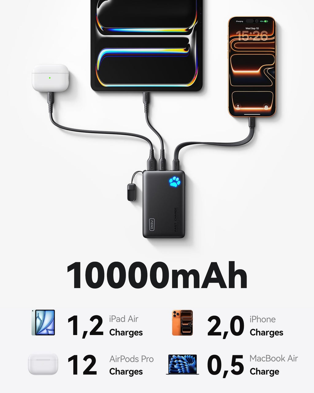 INIU Portable Charger, Ultra Slim 45W Fast Charging with Attached USB C Cable,