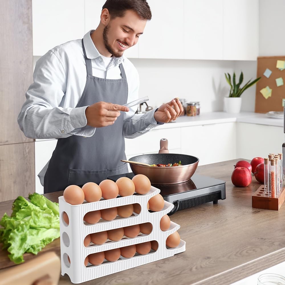 24-Egg Auto Rolling Egg Holder for Fridge 4-Tier Slim Refrigerator Organizer
