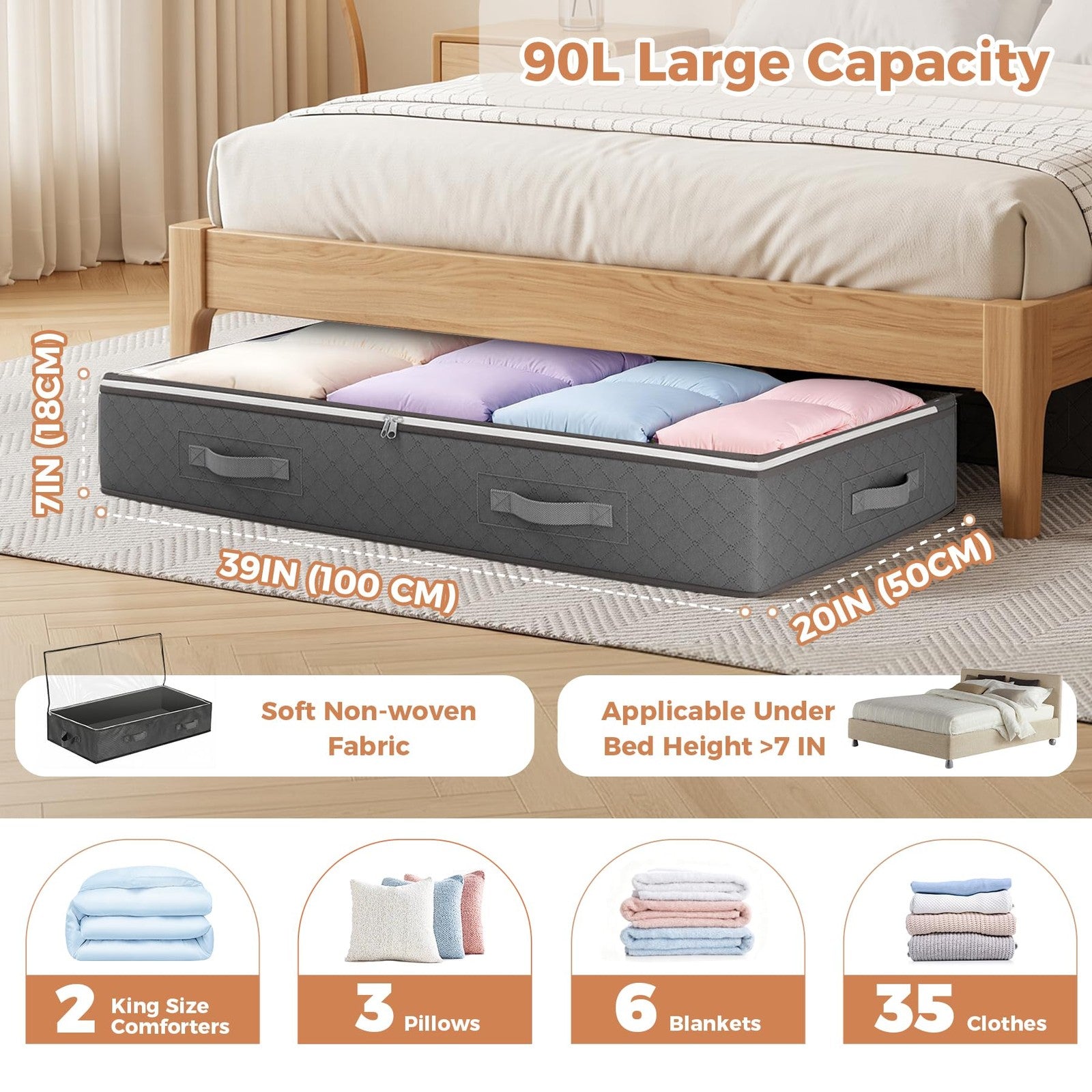 90L Under Bed Storage Containers, Closet Organizers and Storage Bins, Foldable
