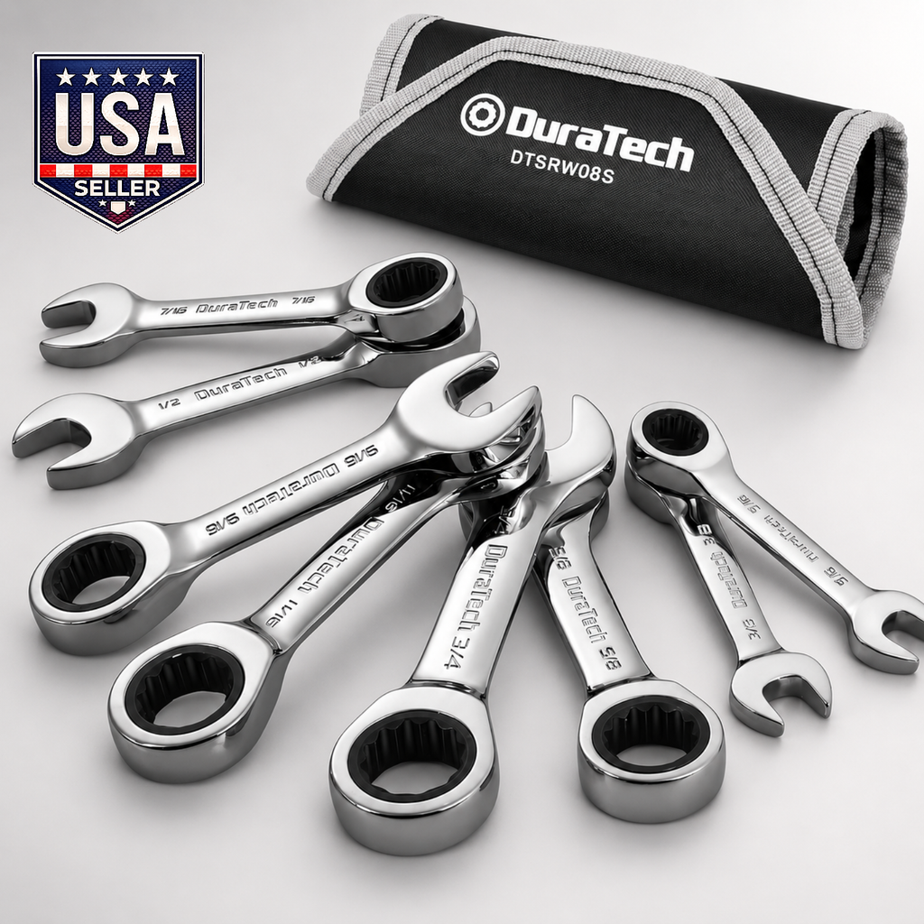 DURATECH 8-Pc SAE Stubby Ratcheting Wrench Set 5/16"-3/4" CR-V w/ Roll Pouch