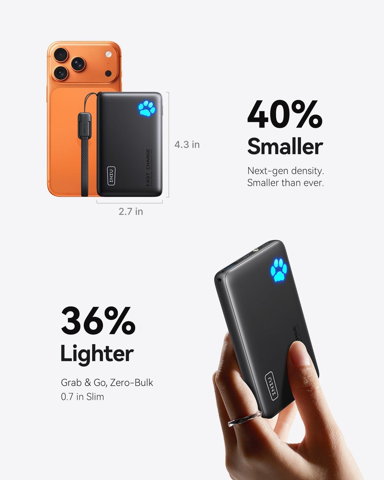 INIU Portable Charger, Ultra Slim 45W Fast Charging with Attached USB C Cable,
