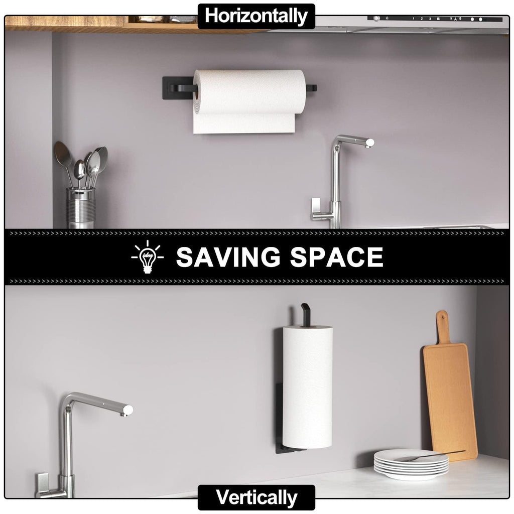 Paper Towel Holder - Self-Adhesive or Drilling, Black, Upgraded Aluminum Kitchen