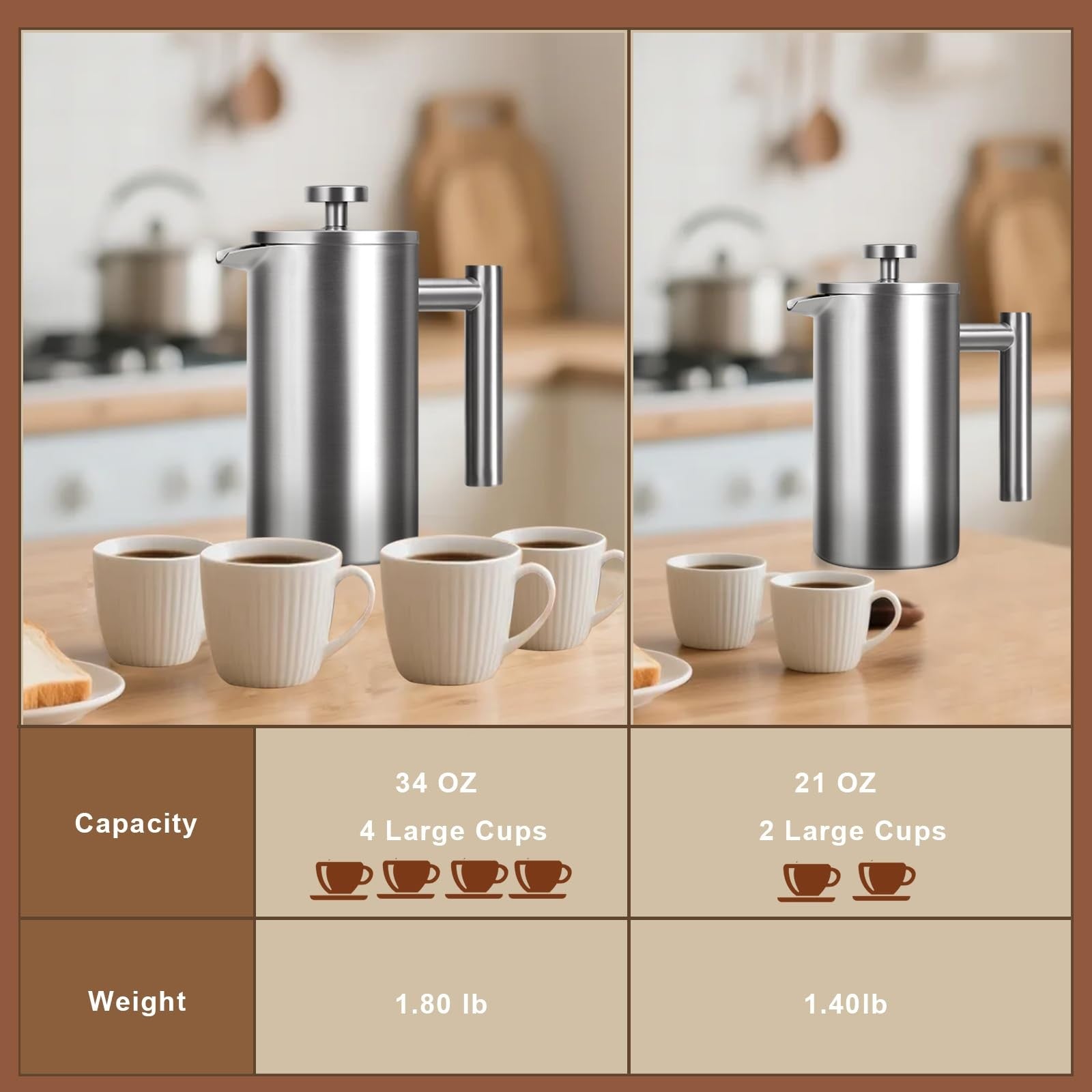 34oz Stainless Steel French Press Double-Wall Insulated 4 Cup Coffee Maker home