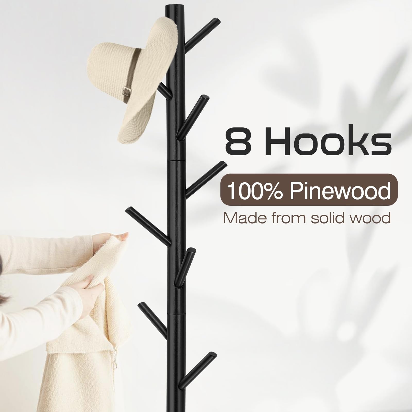 Coat Rack, Freestanding , with 8 Hooks and 3 Adjustable Size Tree Coat Racks