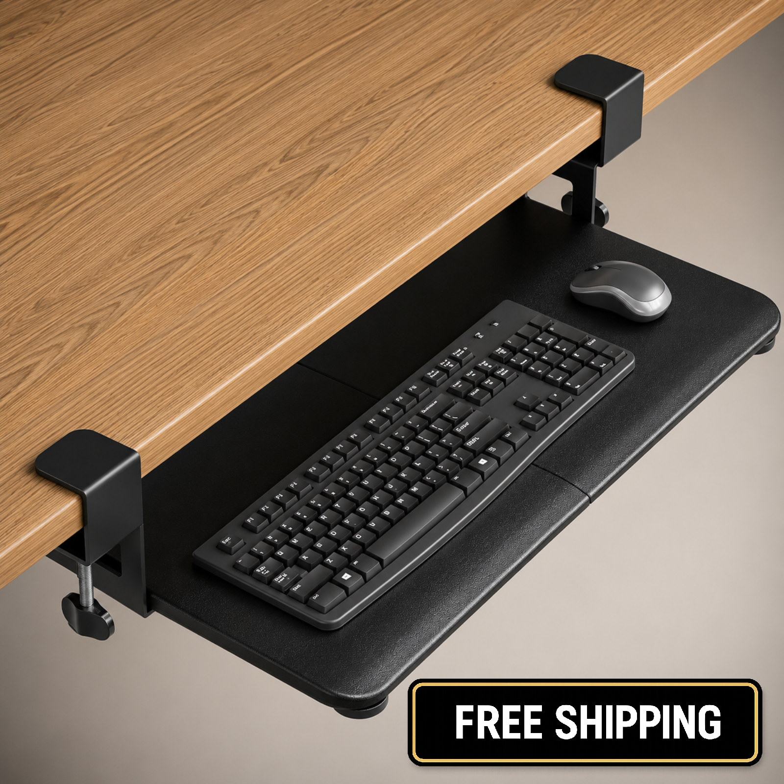 BONTEC Under Desk Keyboard Tray 25.6x11.8in Pull Out Drawer C-Clamp Mount Black
