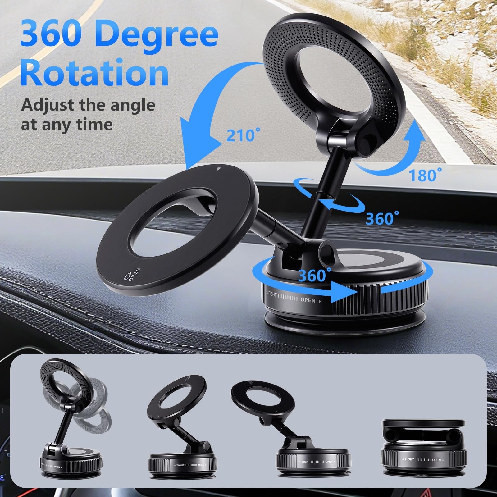 Magnetic Car Phone Mount Vacuum Suction 360 Rotation , Dashboard - Windshield