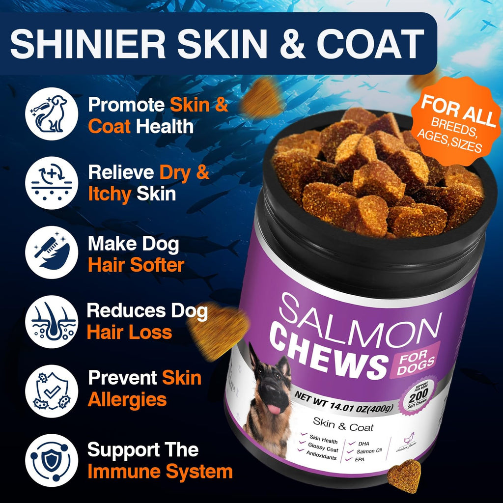 Omega 3 Dog Skin & Coat Chews 200ct Fish Oil Supplement Itch Shedding Relief