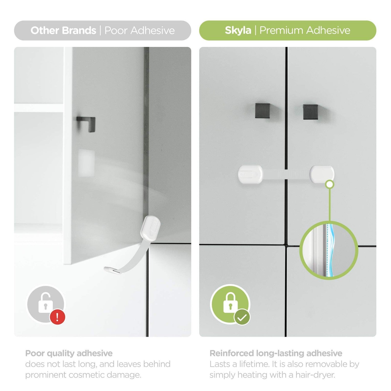 SKYLA HOMES Baby Safety Cabinet Locks 8 Pack 3M Adhesive No Drill White Latch