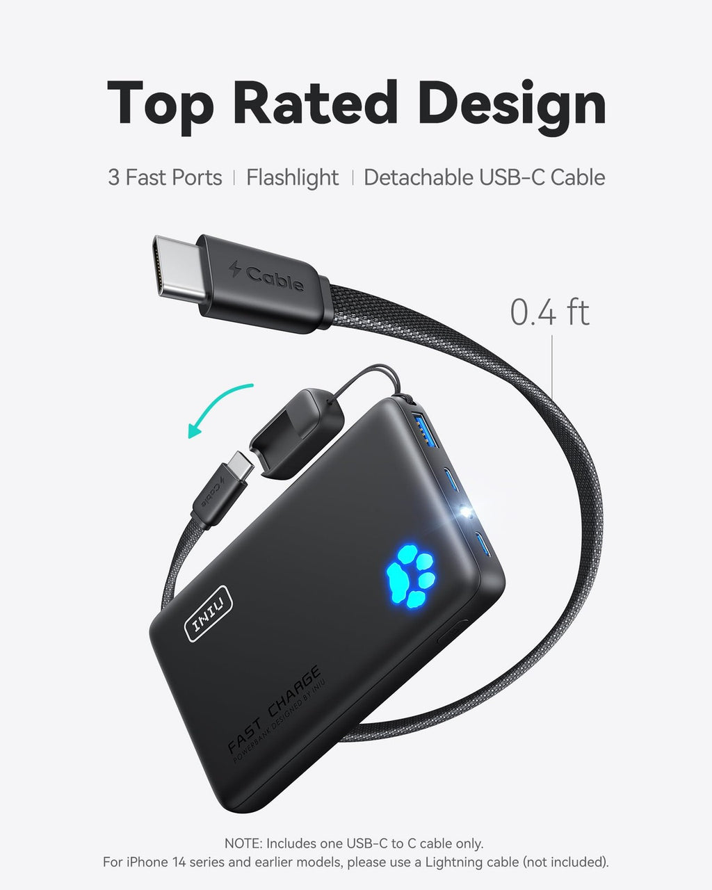 INIU Portable Charger, Ultra Slim 45W Fast Charging with Attached USB C Cable,