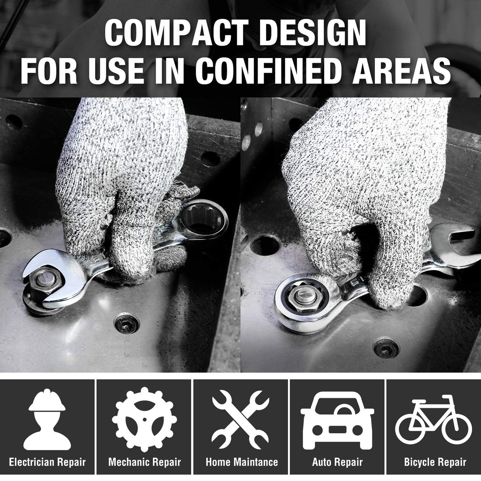 DURATECH 8-Pc Metric Stubby Ratcheting Wrench Set 10-19mm CR-V w/ Roll Pouch