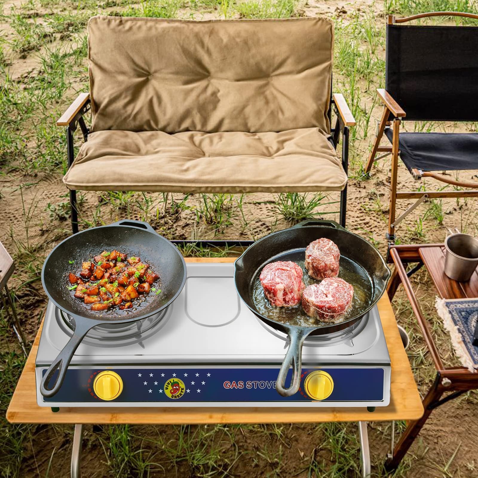 Vivicreate 2 Burner Propane Stove Portable Camping Cooktop Auto Ignition w Hose