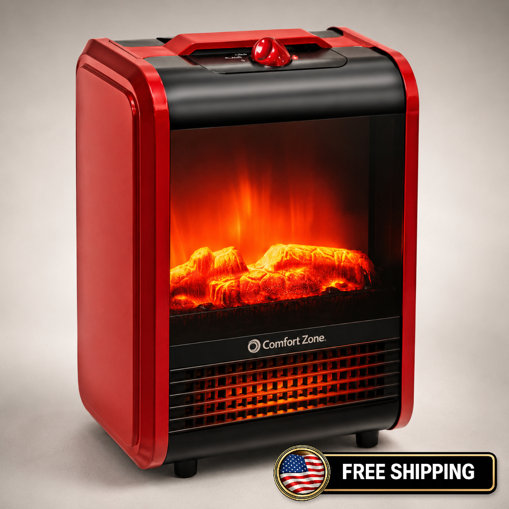 Comfort Zone Electric Mini Fireplace Space Heater with Realistic 3D Flame.