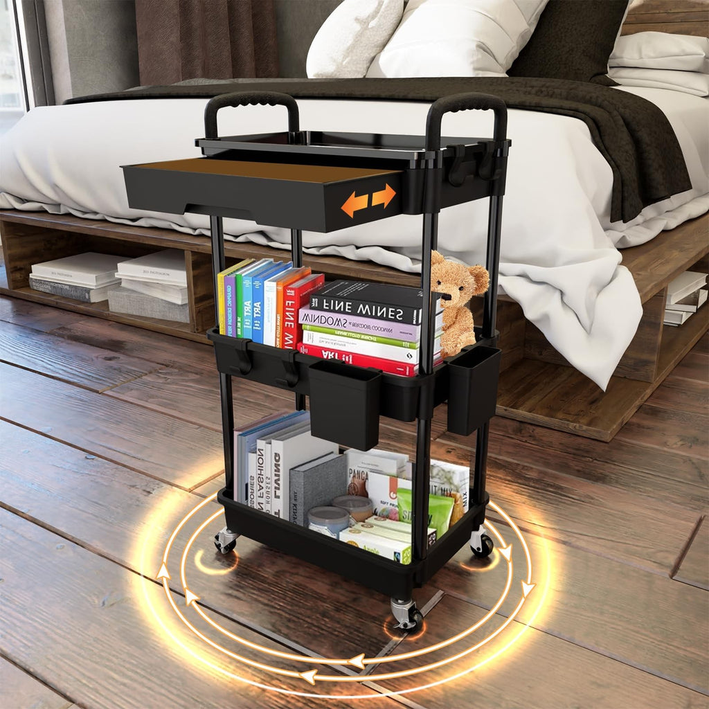 3 Tier Rolling Utility Cart with Drawer, Utility Cart Made for Multifunctional