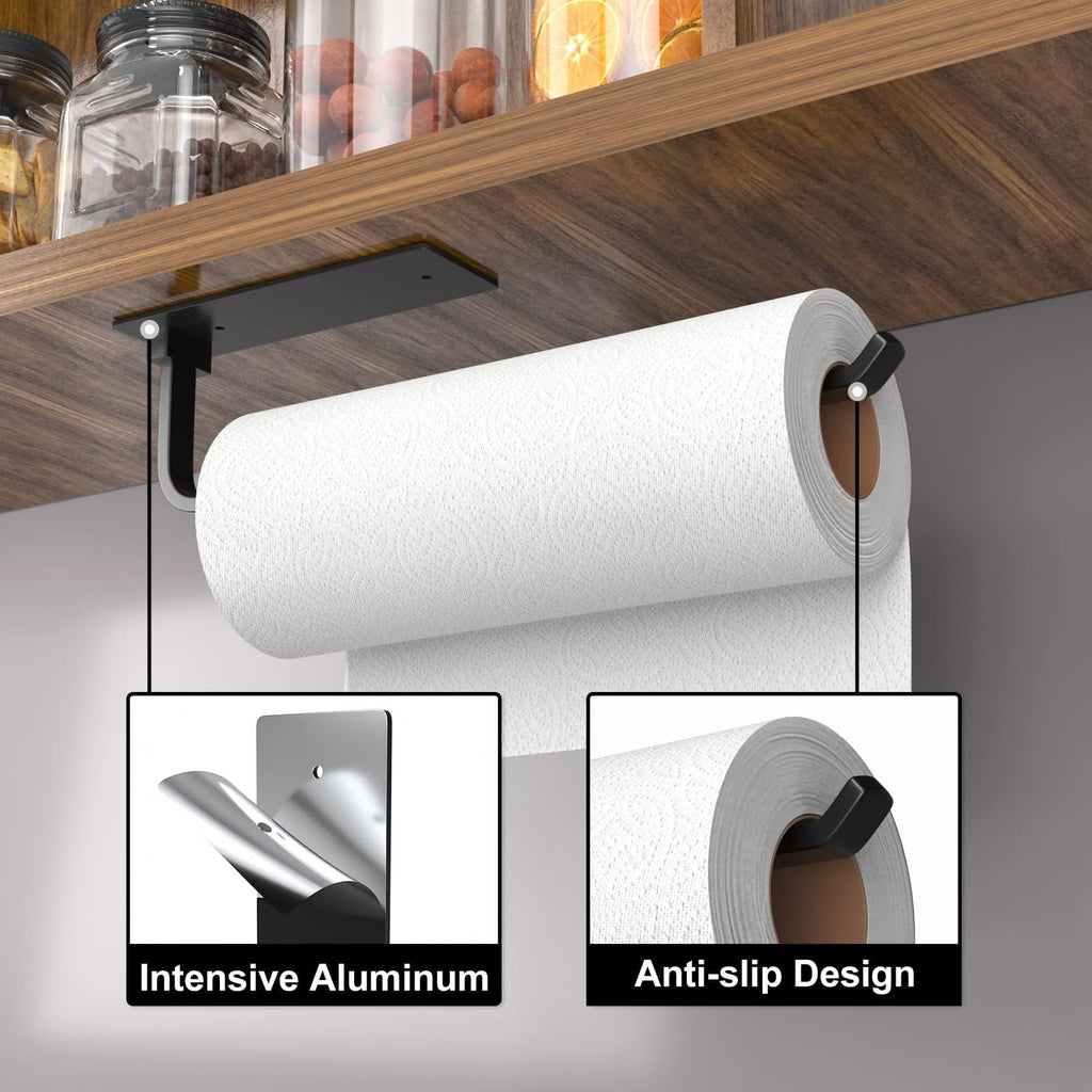Paper Towel Holder - Self-Adhesive or Drilling, Black, Upgraded Aluminum Kitchen