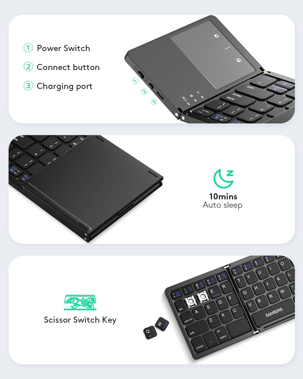 Samsers Foldable Bluetooth Keyboard with Touchpad for iOS Android Windows