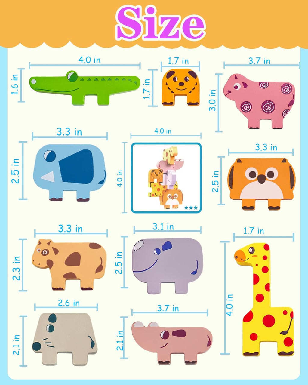 Montessori Wooden Animal Blocks Toy Sorting Stacking Puzzle Toddler 1-3