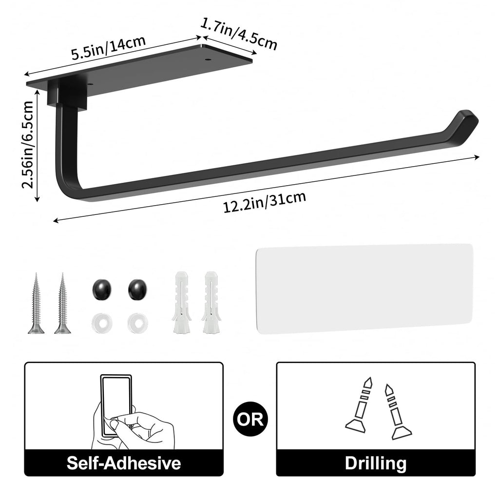 Paper Towel Holder - Self-Adhesive or Drilling, Black, Upgraded Aluminum Kitchen