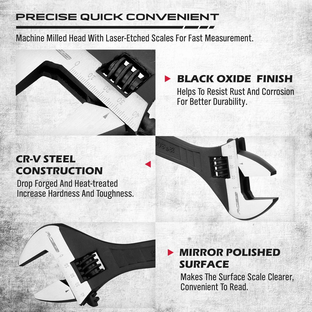 SEDY 4-Pc Adjustable Wrench Set 6", 8", 10", 12" CR-V Steel SAE/Metric Scale