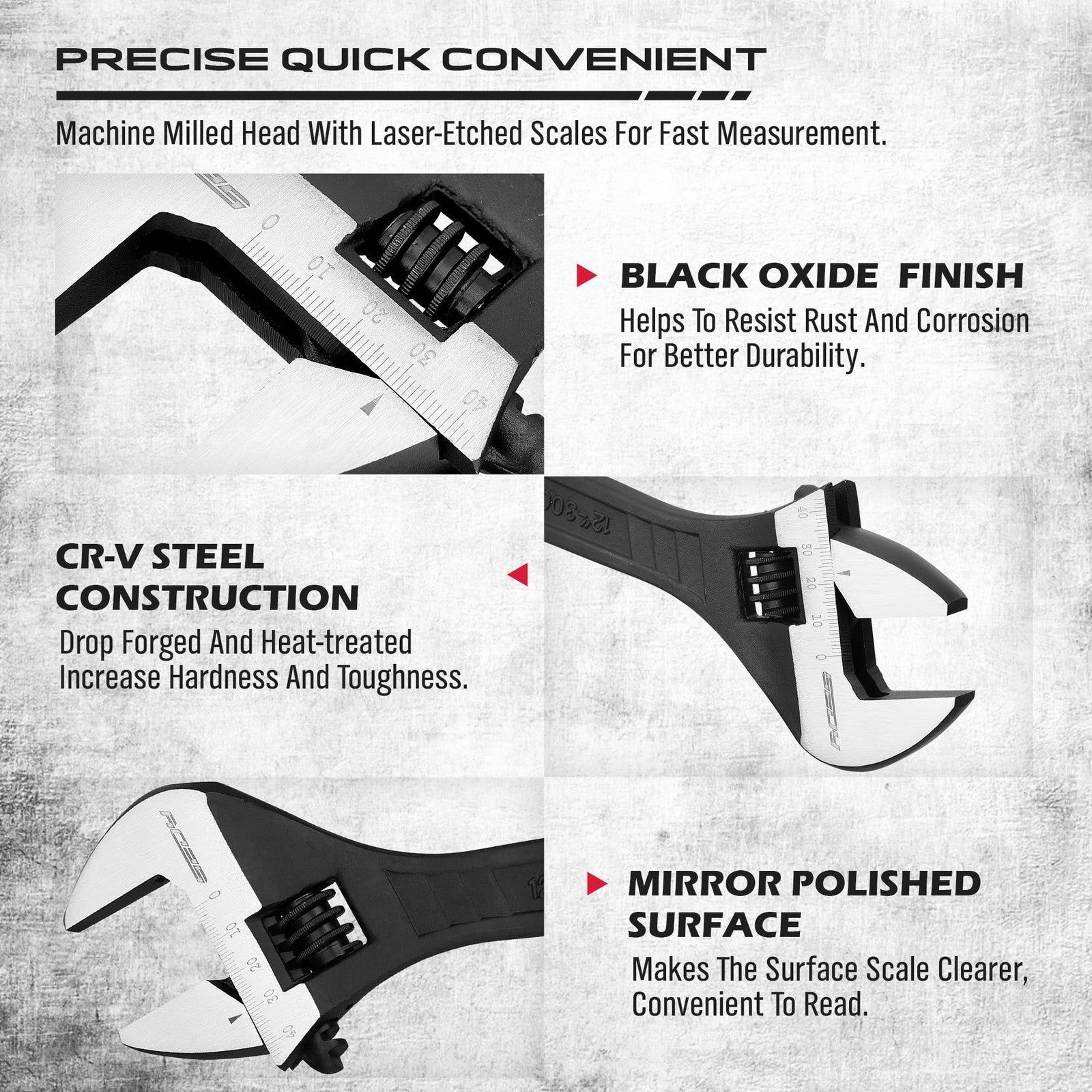 SEDY 4-Pc Adjustable Wrench Set 6", 8", 10", 12" CR-V Steel SAE/Metric Scale