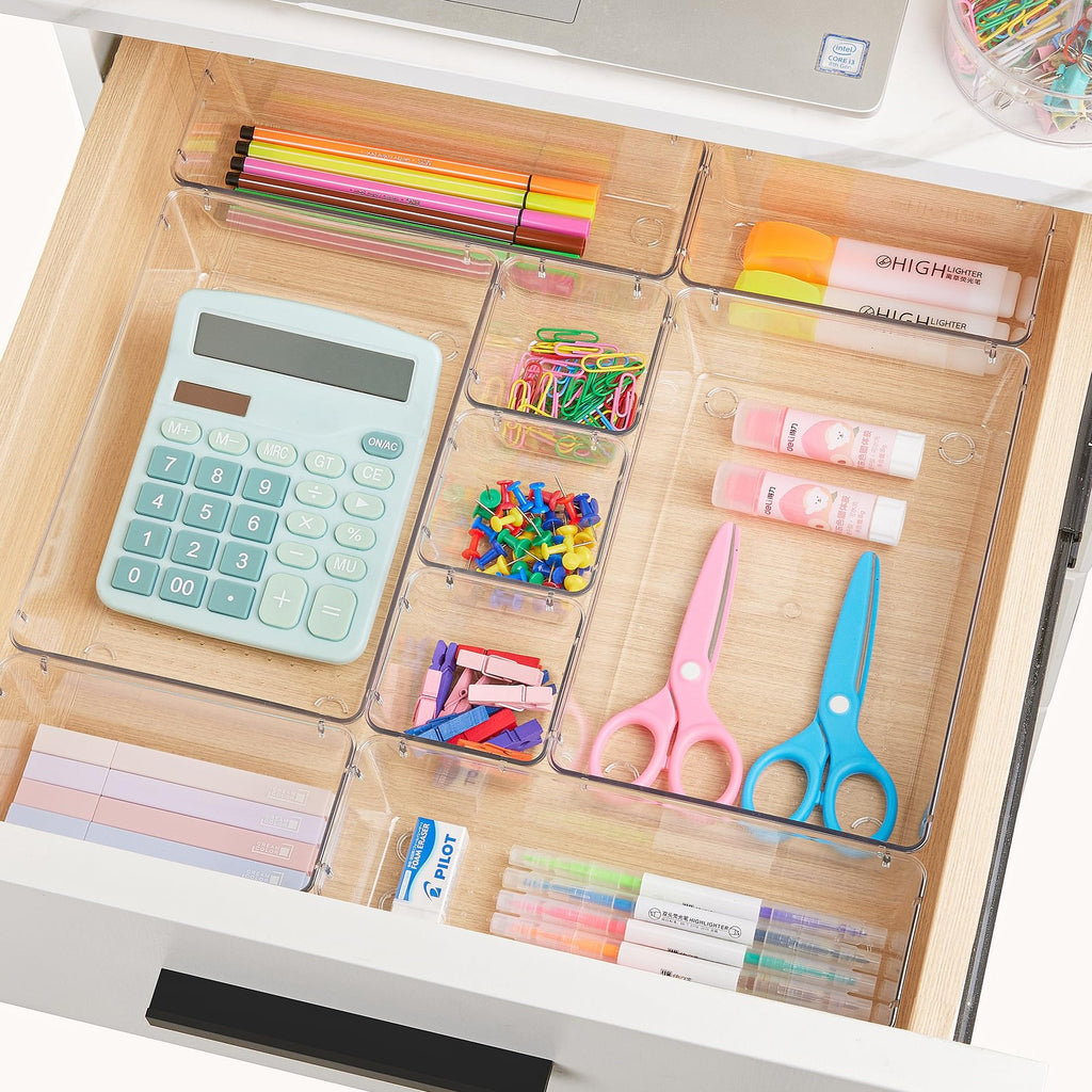 25 Pc Clear Drawer Organizer Trays 4 Sizes + 100 Non-Slip Pads Vanity Kitchen