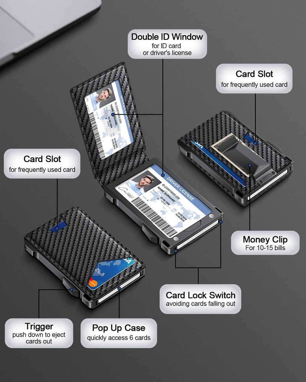 RFID Pop Up Wallet for Men Slim Bifold Card Holder Money Clip Front Pocket