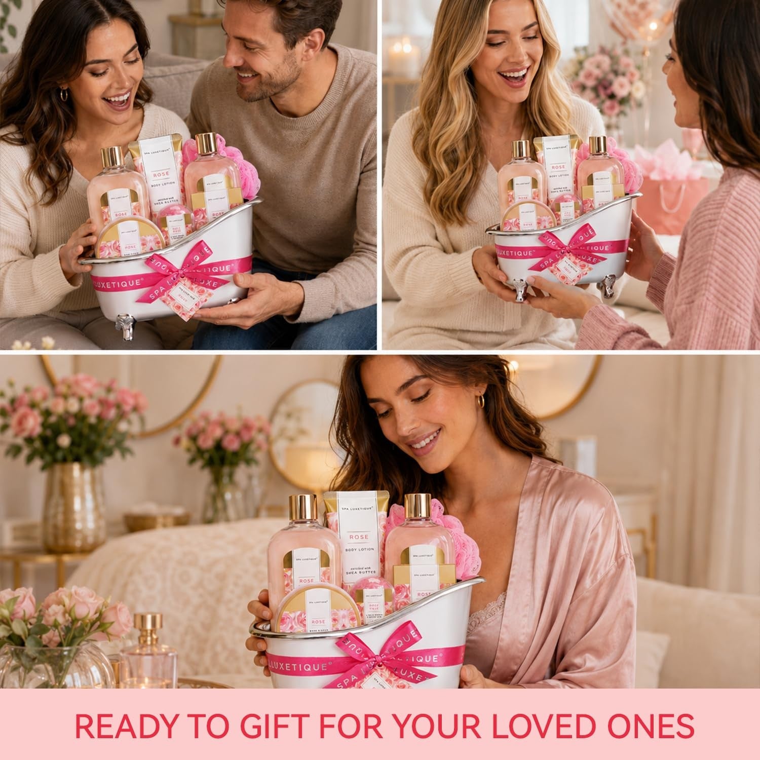 Rose Spa Gift Set for Women Bath Basket Self Care Kit Relaxation Home Spa