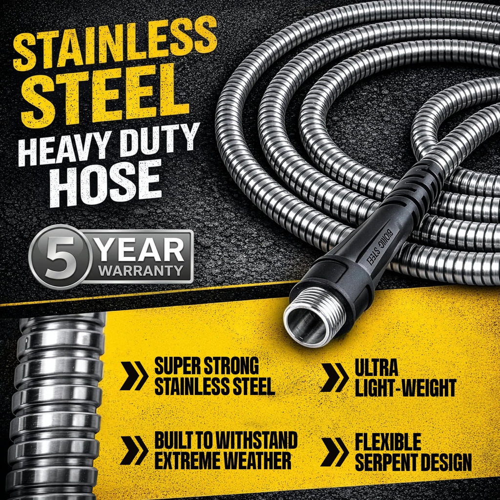 BIONIC STEEL 25 ft x 5/8" Metal Garden Hose w/Sprayer Nozzle 500 PSI SS
