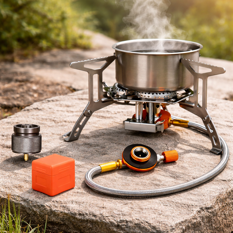 Portable Camping Stove Windproof Piezo Ignition Burner w Adapter Hiking