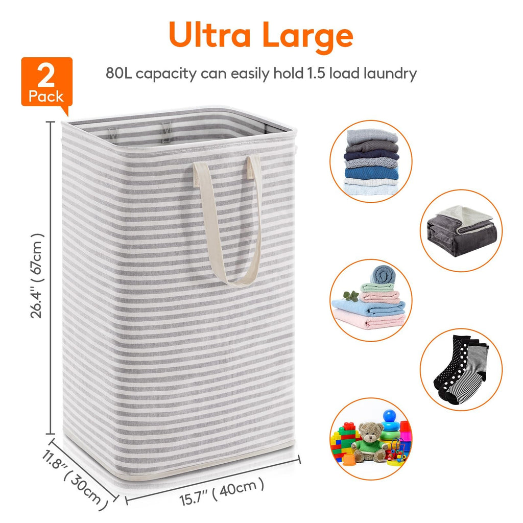 2 Pack Laundry Basket 80L Each Collapsible Clothes Hamper with Reinforced Handle