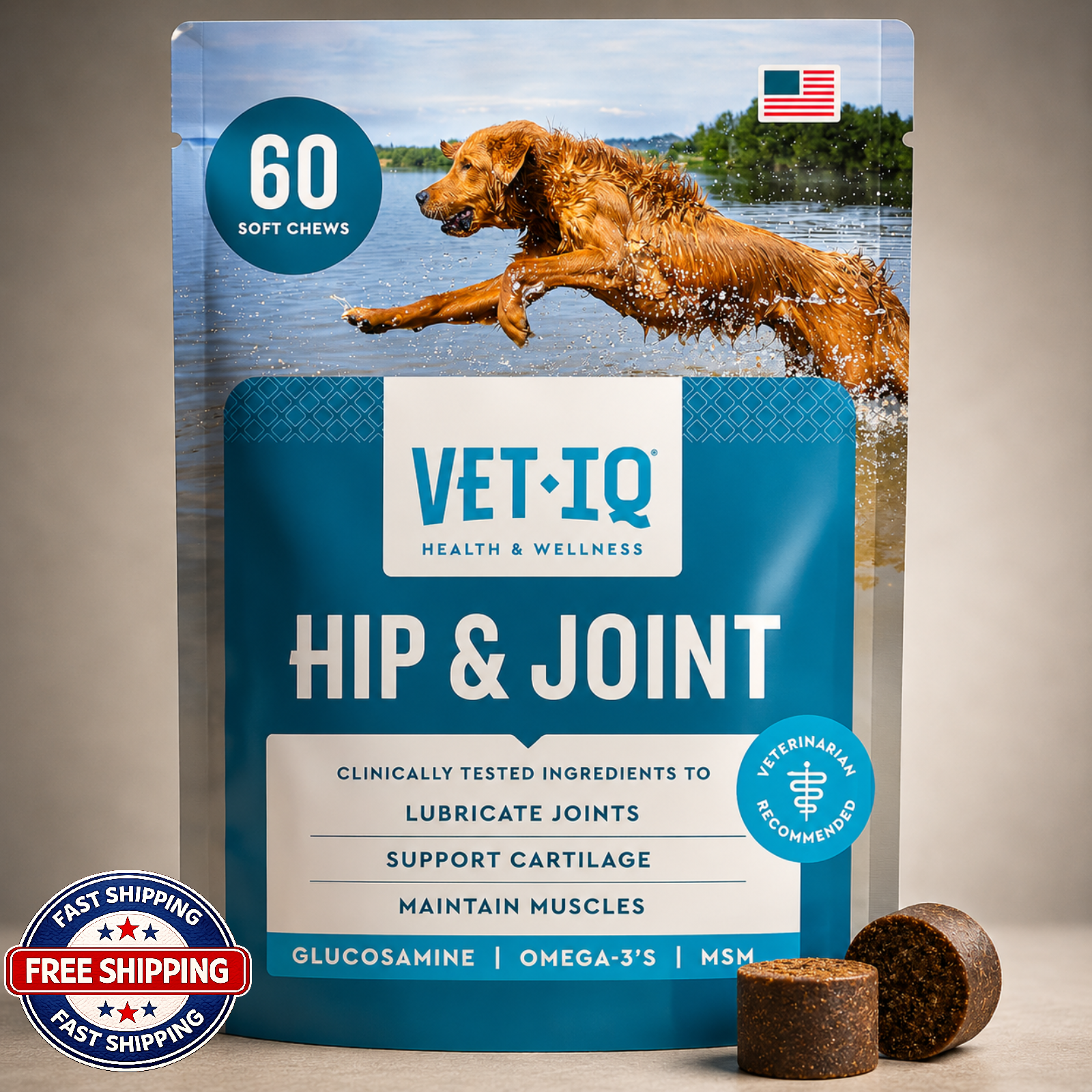 VetIQ Glucosamine Hip & Joint Supplement for Dogs, 60 Soft Chews, Joint Support