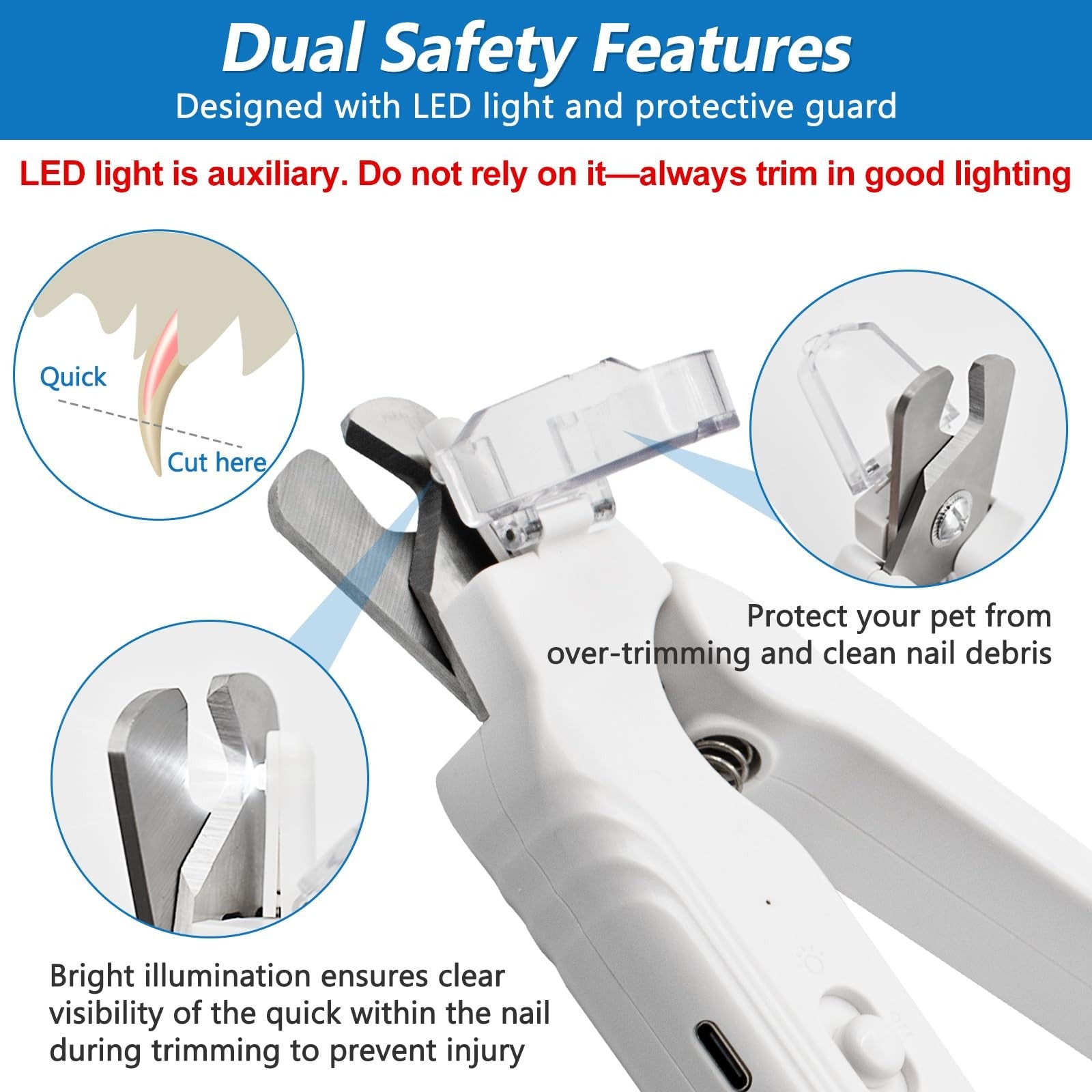 LED Pet Nail Clipper Grinder 2-in-1 Safe Trim Quiet Small Dogs Cat Home Grooming