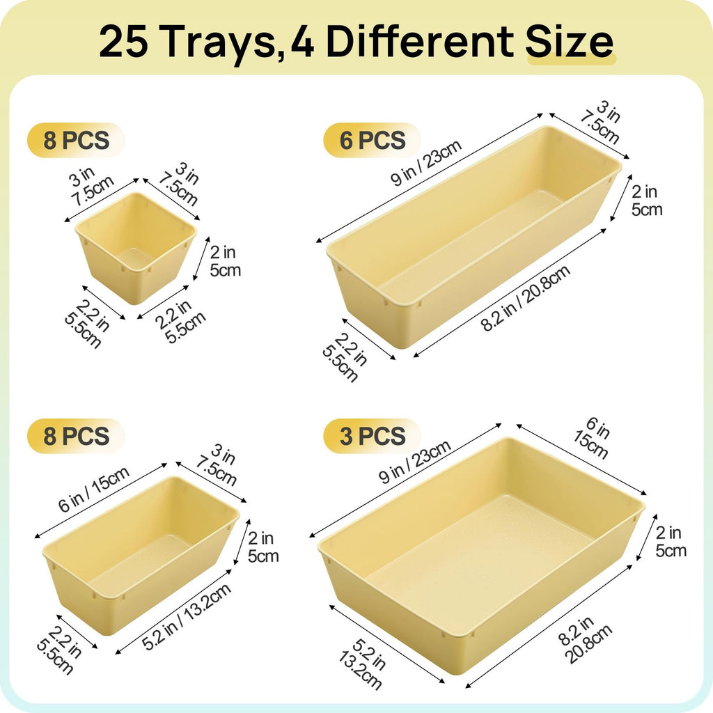 25 PCS Plastic Drawer Organizers Set 4-Size Versatile Bathroom and Vanity Drawer