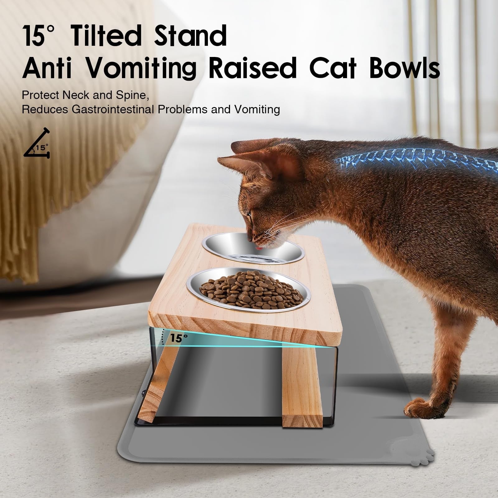 Elevated Cat Bowls 15° Tilted Raised Feeder with Stainless Steel Bowls & Mat