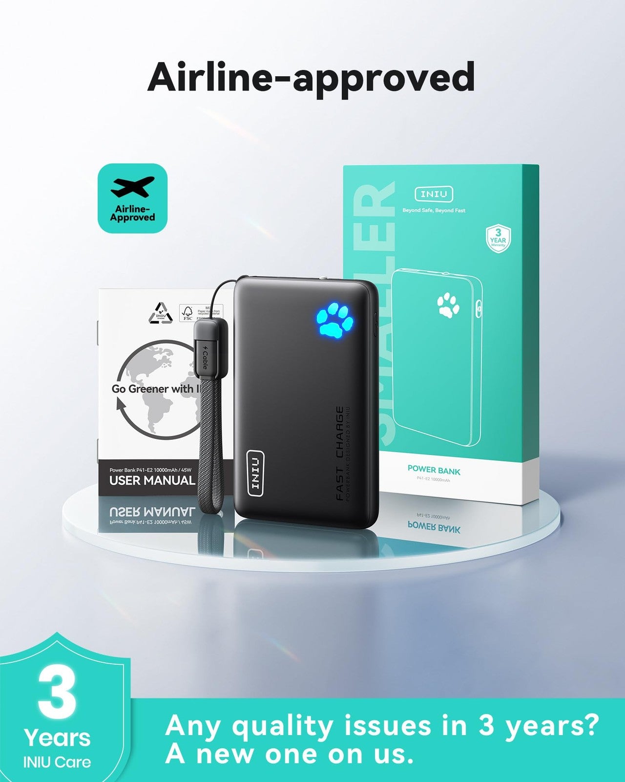 INIU Portable Charger, Ultra Slim 45W Fast Charging with Attached USB C Cable,