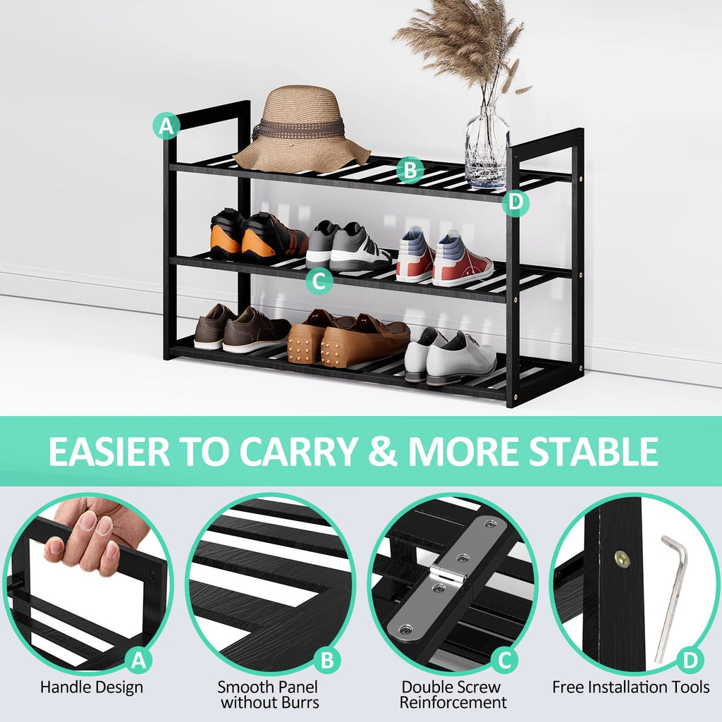 3 Tier Bamboo Shoe Rack for Entryway Closet Hallway Bedroom Garage Stackable