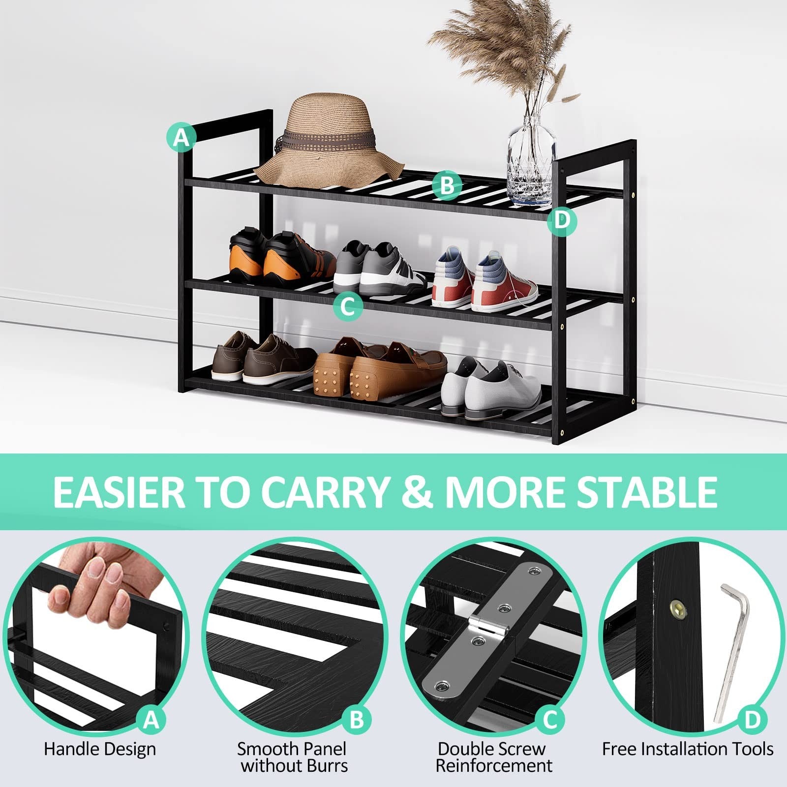 3 Tier Bamboo Shoe Rack for Entryway Closet Hallway Bedroom Garage Stackable